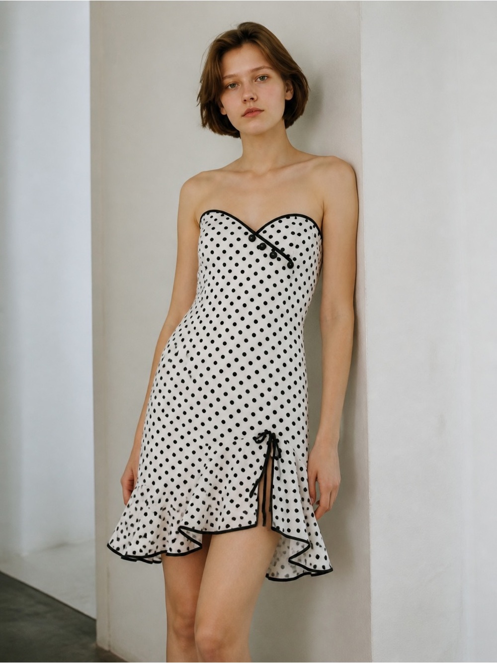 Kivari White Strapless Polka Dot Ruffle Dress with Black Trim